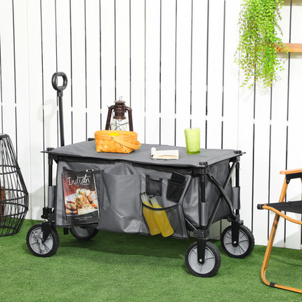 Folding Garden Camping Trolley – Collapsible Steel Cart with Folding Board – Black