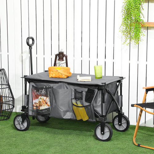 Folding Garden Camping Trolley – Collapsible Steel Cart with Folding Board – Black