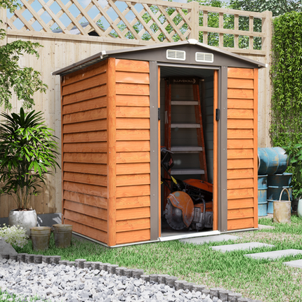6x5FT Brown Metal Garden Shed – Outdoor Tool Storage House 193Lx152Wx203H cm