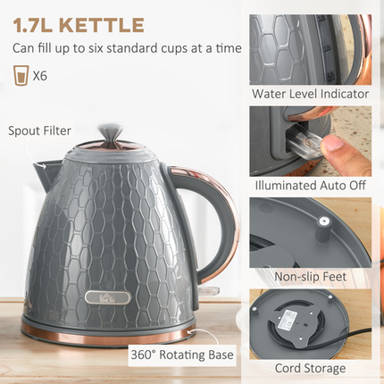 HOMCOM 1.7L Fast Boil Kettle & 2-Slice Toaster Set – Grey