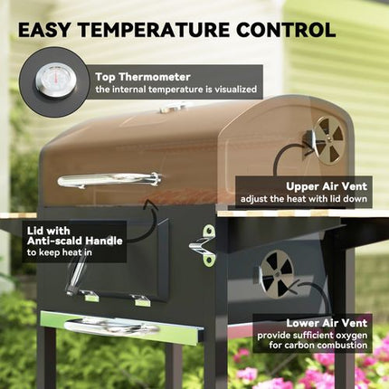 Outsunny Charcoal BBQ Grill with Warming Rack and 3 Shelves - Temperature Gauge