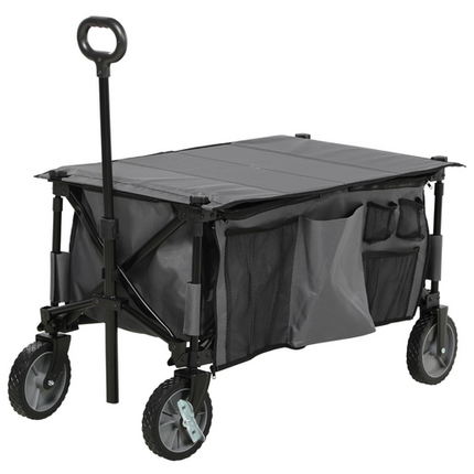 Folding Garden Camping Trolley – Collapsible Steel Cart with Folding Board – Black