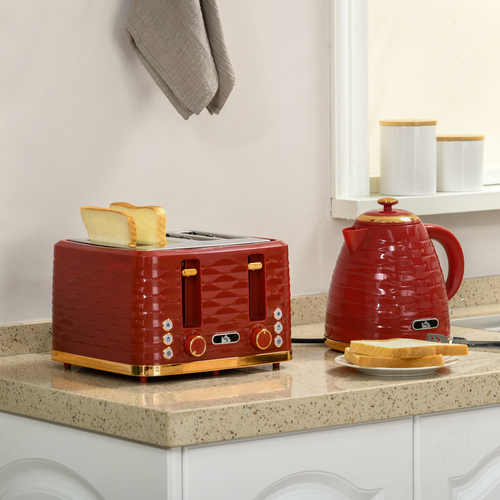 HOMCOM 1.7L Rapid Boil Kettle & 4-Slice Toaster Set – Red