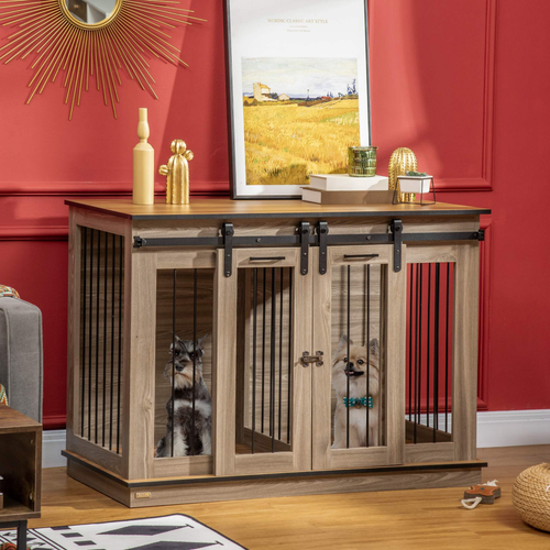 PawHut Dog Crate for Large Dogs – Double Dog Cage for Small Pets – Oak Tone