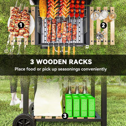 Outsunny Charcoal BBQ Grill with Warming Rack and 3 Shelves - Temperature Gauge