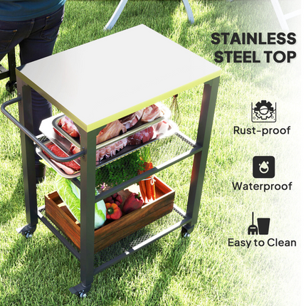 Outsunny 3-Shelf Outdoor Grill Cart Kitchen Trolley with Stainless Steel Top