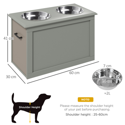 Raised Pet Feeding Station – Two Bowls with Storage Drawer – Grey