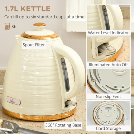 HOMCOM 1.7L Rapid Boil Kettle & 4-Slice Toaster Set – Beige