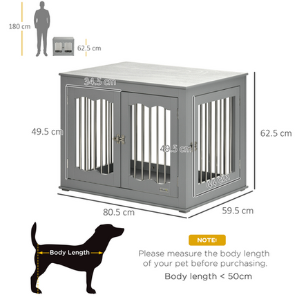 PawHut Wooden Dog Crate Furniture for Medium Dogs – Lockable Doors, Ventilated Design, 62.5 x 80.5 x 59.5 cm – Grey