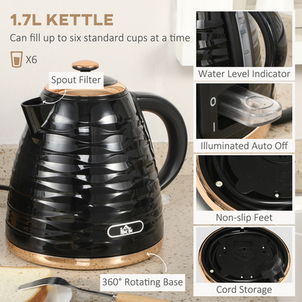 HOMCOM 1.7L Rapid Boil Kettle & 4-Slice Toaster Set – Black Edition