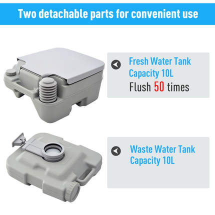 HOMCOM 10L Portable Travel Toilet for Camping – 2 Detachable Tanks – Grey
