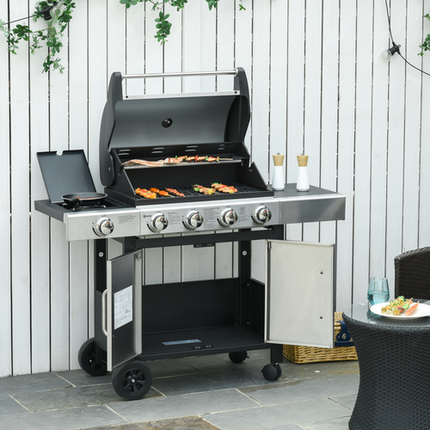 Outsunny 4+1 Burner Gas BBQ Trolley Grill - Stainless Steel 128x50x113cm