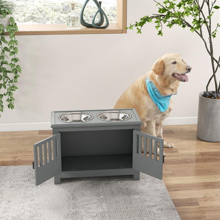 PawHut Raised Dog Bowls – Feeding Station with Stand & Storage – Grey – Large Dogs