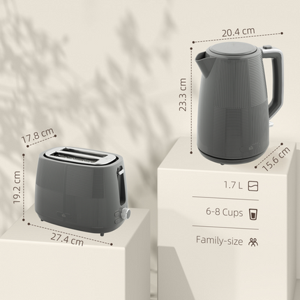 HOMCOM 1.7L Electric Kettle & 2-Slice Water Toaster Set – Fast Boil – Grey