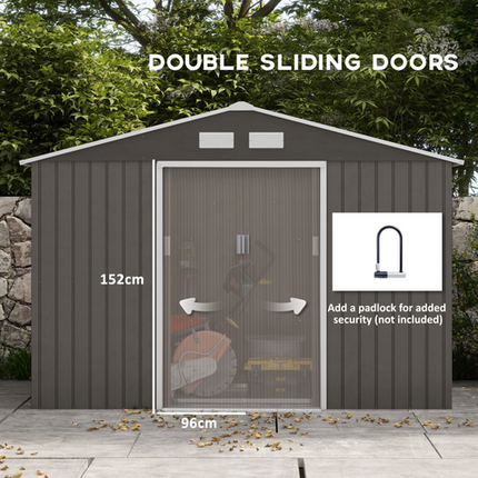 Grey Metal Garden Shed 9 x 6FT with Foundation & Ventilation – Outdoor Storage Building