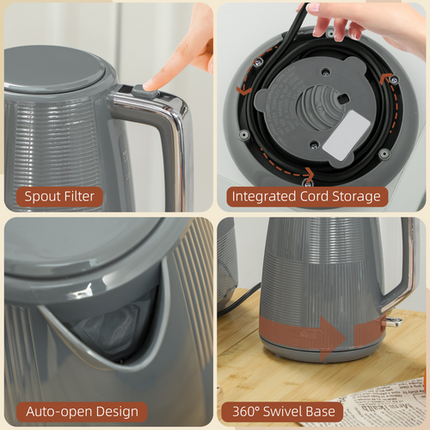 HOMCOM 1.7L Electric Kettle & 2-Slice Water Toaster Set – Fast Boil – Grey