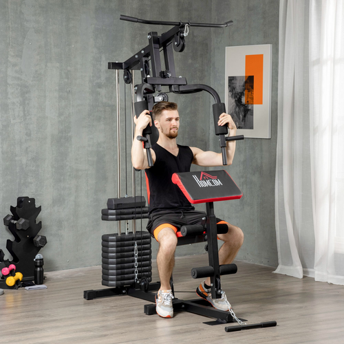 HOMCOM Multi-Station Home Gym – 66kg Weight Stack for Strength Training, Red