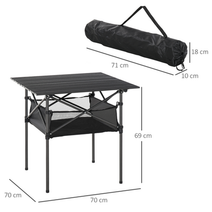 Aluminium Folding Camping Table – Roll-Top Design with Mesh Bag – Black