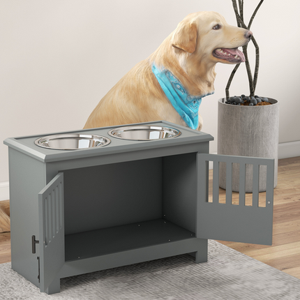 PawHut Raised Dog Bowls – Feeding Station with Stand & Storage – Grey – Large Dogs
