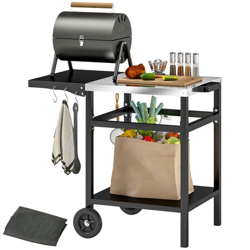 Outsunny BBQ Trolley Table with Foldable Side Table - Movable Pizza Table - Black