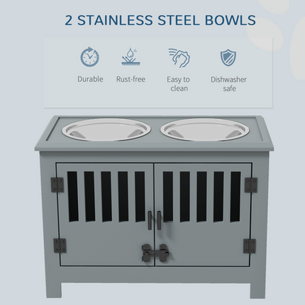 PawHut Raised Dog Bowls – Feeding Station with Stand & Storage – Grey – Large Dogs