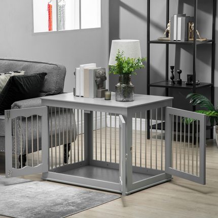 PawHut Wooden Dog Crate Furniture for Medium Dogs – Lockable Doors, Ventilated Design, 62.5 x 80.5 x 59.5 cm – Grey