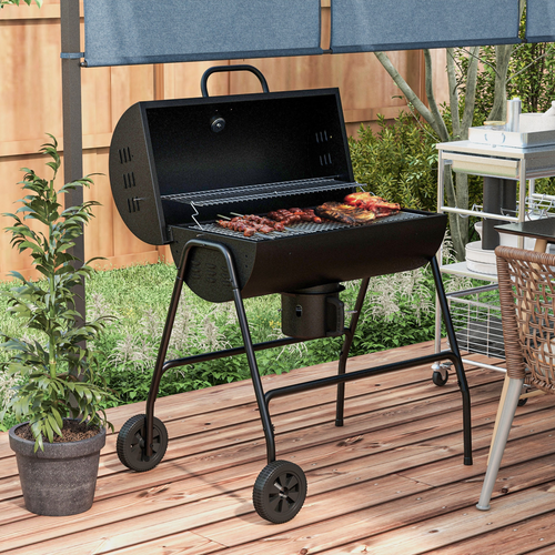 Outsunny Barrel Charcoal BBQ Grill Trolley with Ash Catcher and Thermometer
