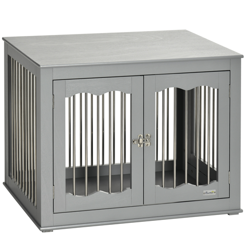 PawHut Wooden Dog Crate Furniture for Medium Dogs – Lockable Doors, Ventilated Design, 62.5 x 80.5 x 59.5 cm – Grey