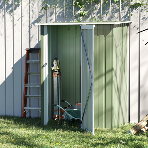 Green Metal Garden Shed 142x84x189 cm – Sloped Roof, Lockable Door, Outdoor Storage Unit