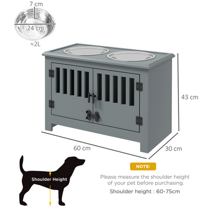PawHut Raised Dog Bowls – Feeding Station with Stand & Storage – Grey – Large Dogs