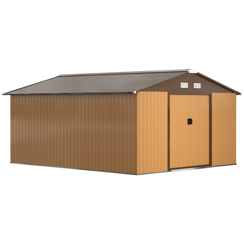 13x11FT Large Metal Garden Shed – Light Brown Storage House with Foundation, Doors and Ventilation