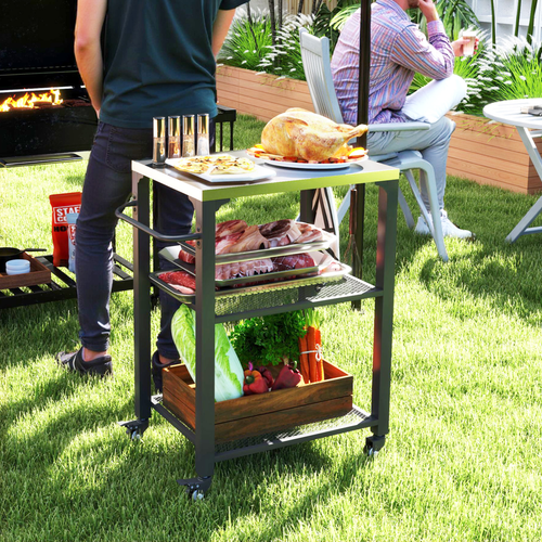 Outsunny 3-Shelf Outdoor Grill Cart Kitchen Trolley with Stainless Steel Top
