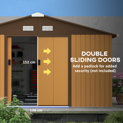 13x11FT Large Metal Garden Shed – Light Brown Storage House with Foundation, Doors and Ventilation