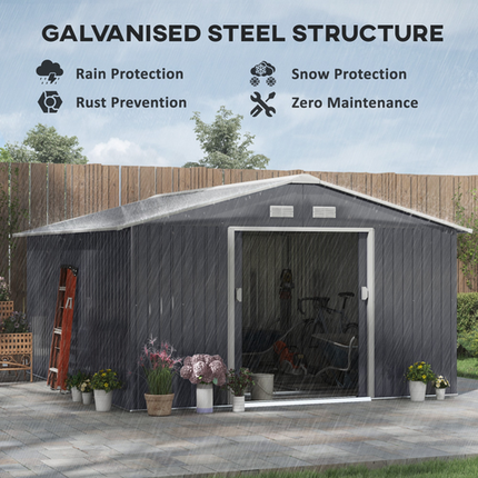 13x11FT Grey Steel Garden Shed – Outdoor Storage House with Foundation and Ventilation