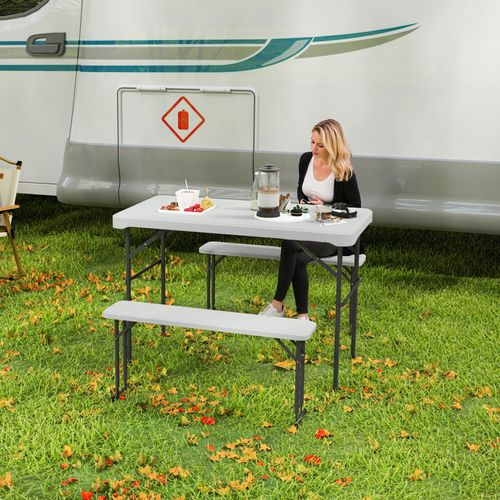 Outsunny 3-Piece Folding Picnic Table & Bench Set – With Handle – Light Grey