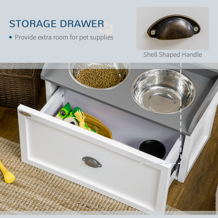 Elevated Dog Bowls with 21L Storage Drawer – For Large Dogs & Cats – White
