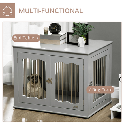 PawHut Wooden Dog Crate Furniture for Medium Dogs – Lockable Doors, Ventilated Design, 62.5 x 80.5 x 59.5 cm – Grey