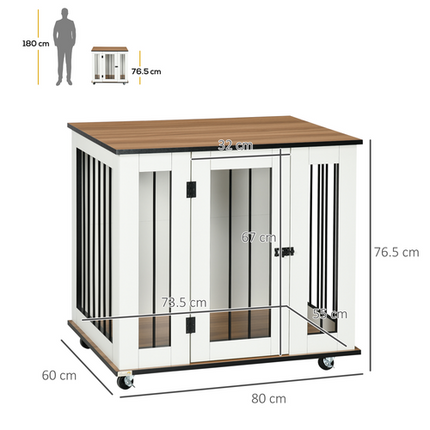 Dog Crate Furniture with Wheels – For Medium Dogs – 80 x 60 x 76.5 cm – White