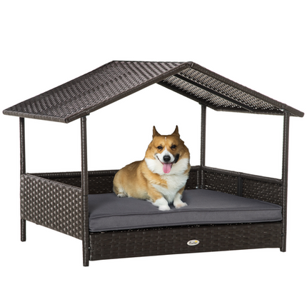 PawHut Wicker Dog House – Rattan Pet Bed with Soft Cushion – Grey