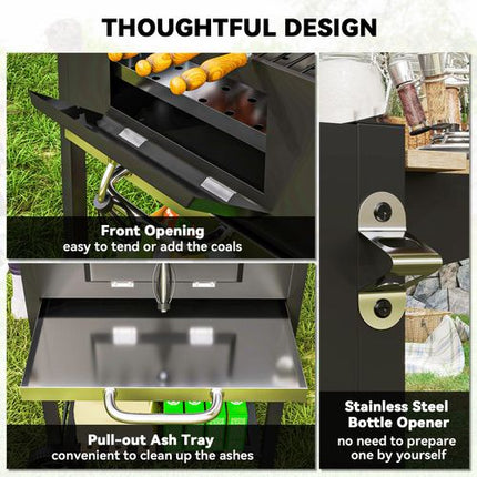 Outsunny Charcoal BBQ Grill with Warming Rack and 3 Shelves - Temperature Gauge