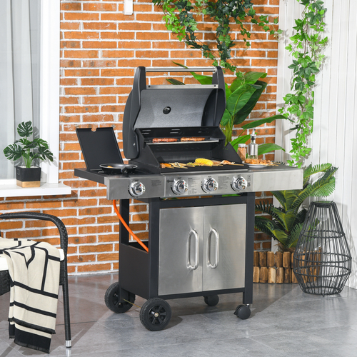 Outsunny Deluxe Gas BBQ Grill 3+1 Burners - Garden Grill with Large Cooking Area