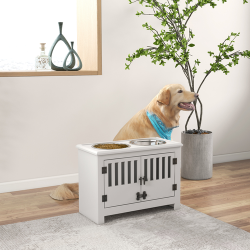 PawHut Raised Dog Bowls – Feeding Station with Stand & Storage for Large Dogs – White