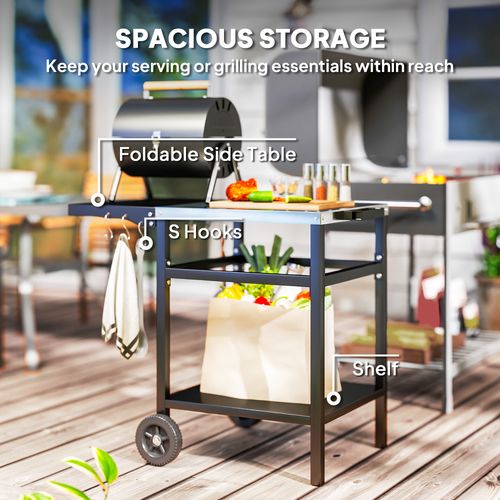 Outsunny BBQ Trolley Table with Foldable Side Table - Movable Pizza Table - Black
