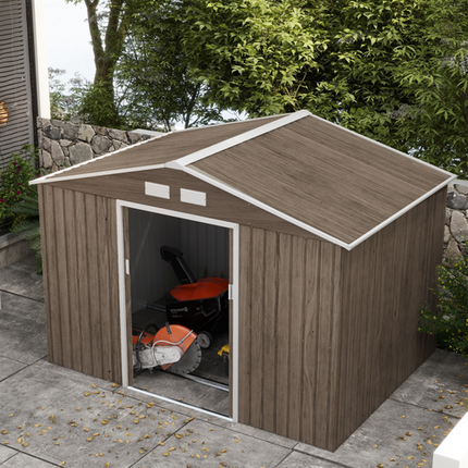Brown Metal Garden Shed with Lockable Door, Foundation and Floor – Ventilated Outdoor Storage Unit