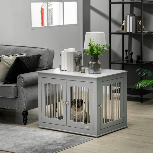 PawHut Wooden Dog Crate Furniture for Medium Dogs – Lockable Doors, Ventilated Design, 62.5 x 80.5 x 59.5 cm – Grey