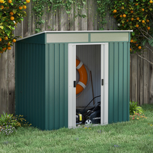 Green Metal Garden Shed 6.5 x 4FT – Lockable Storage House with Foundation for Tools