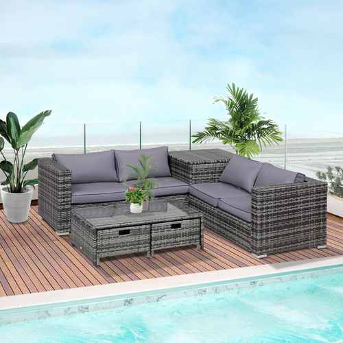 4-Piece Rattan Sofa Set with Storage Table and Cushions – Corner Trunk Style – Grey