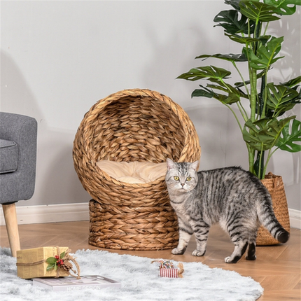 Natural Rattan Cat Bed – Raised Basket with Cushion for Small Pets