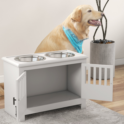 PawHut Raised Dog Bowls – Feeding Station with Stand & Storage for Large Dogs – White
