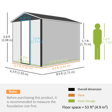Outsunny 9x6FT Galvanised Metal Garden Shed – Grey Tool Storage House for Patio